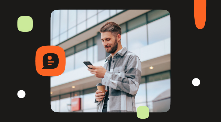Infobip-themed graphic with a black background and decorative orange, green, and white shapes. In the center, a man stands outside a modern building looking at his smartphone while holding a coffee cup. An orange chat bubble icon appears beside him, representing messaging or RCS chat.