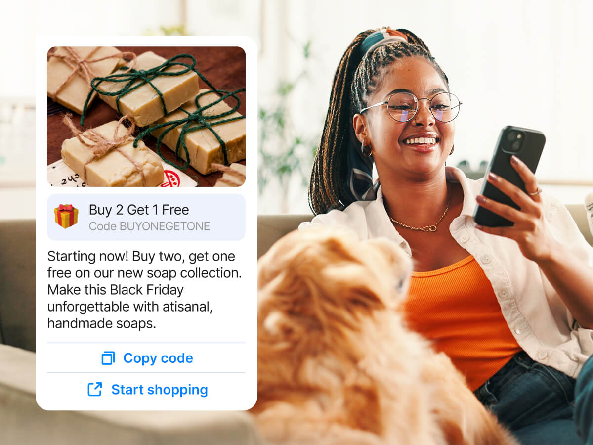 WhatsApp promotional message from a soap brand offering a Buy 2 Get 1 Free deal with discount code, shown on a smartphone screen.