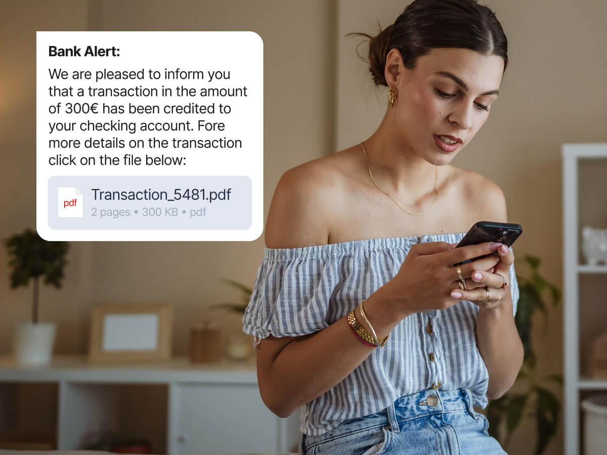 WhatsApp bank alert notifying a customer of a 300€ credit to their account, with a PDF transaction document attached.