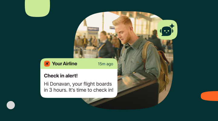 Passenger at an airport security checkpoint receives a mobile push notification from an airline reminding them to check in three hours before boarding.
