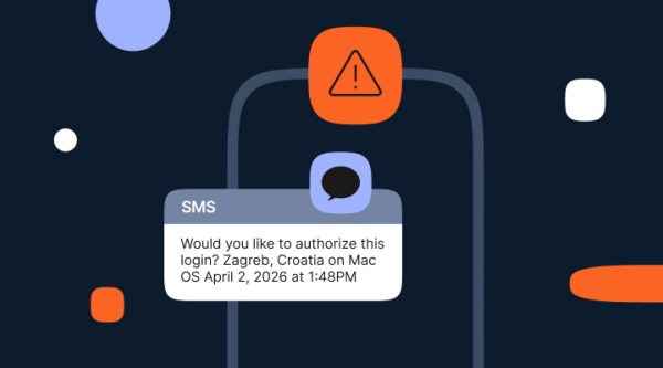 An image featuring a smartphone outline in the center. On the phone screen is an SMS message that reads: "Would you like to authorize this login? Zagreb, Croatia on Mac OS April 2, 2026 at 1:48PM." Above the phone is an orange warning triangle icon, suggesting a security alert.