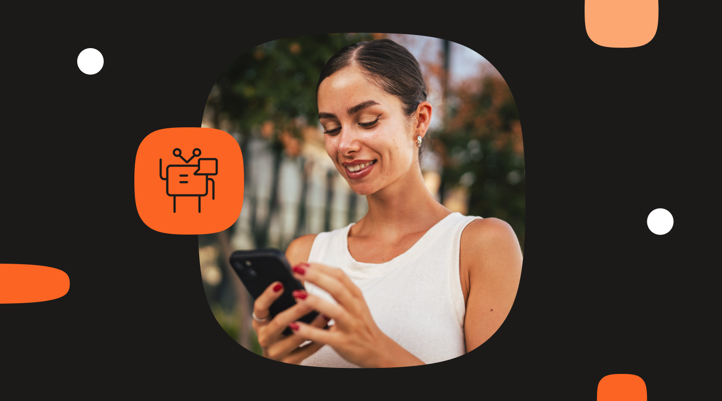 Woman smiling at her smartphone outdoors, with an Infobip AI agent icon overlay on a dark background with orange accent shapes.