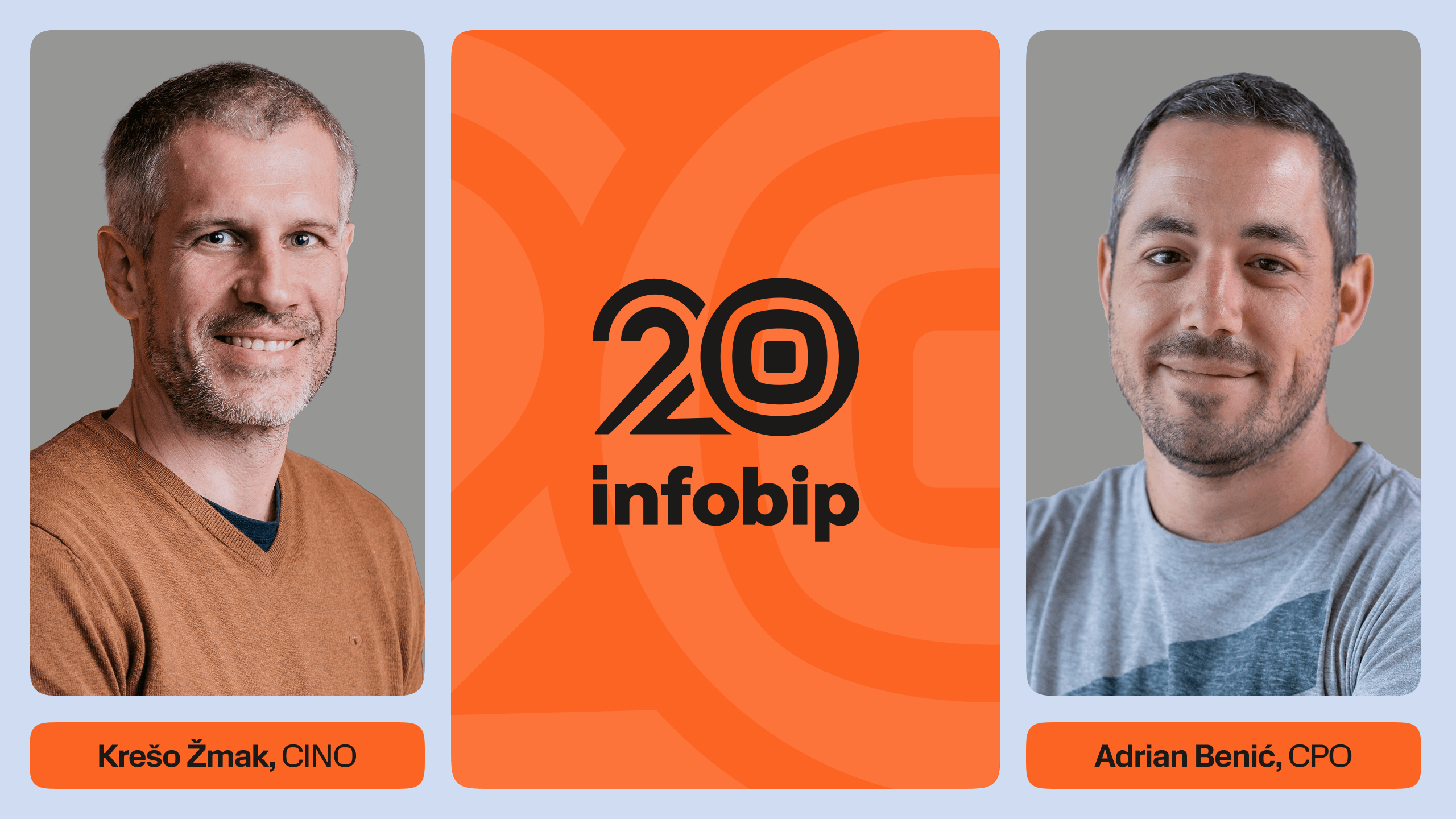 Infobip 20 years campaign banner featuring images of Kreso Zmak and Adrian Benic.
