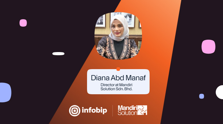 An image showing a portrait photo labeled “Diana Abd Manaf”, with the title Director at Mandiri Solution Sdn. Bhd. The design features a dark background with orange gradient accents and includes the Infobip and Mandiri Solution logos.
