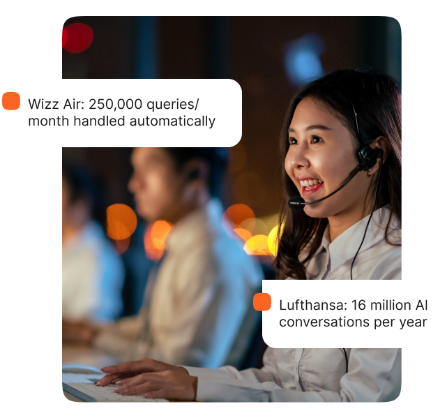 Contact center agent wearing a headset, with two stat callout bubbles. First reads: "Wizz Air: 250,000 queries/month handled automatically." Second reads: "Lufthansa: 16 million AI conversations per year."
