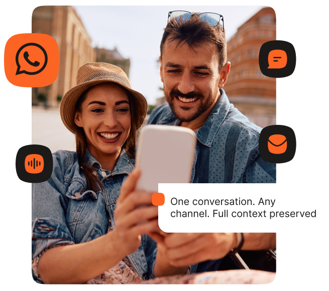 Couple smiling at a smartphone, surrounded by messaging channel icons including WhatsApp, SMS, and email. Text overlay reads: "One conversation. Any channel. Full context preserved."