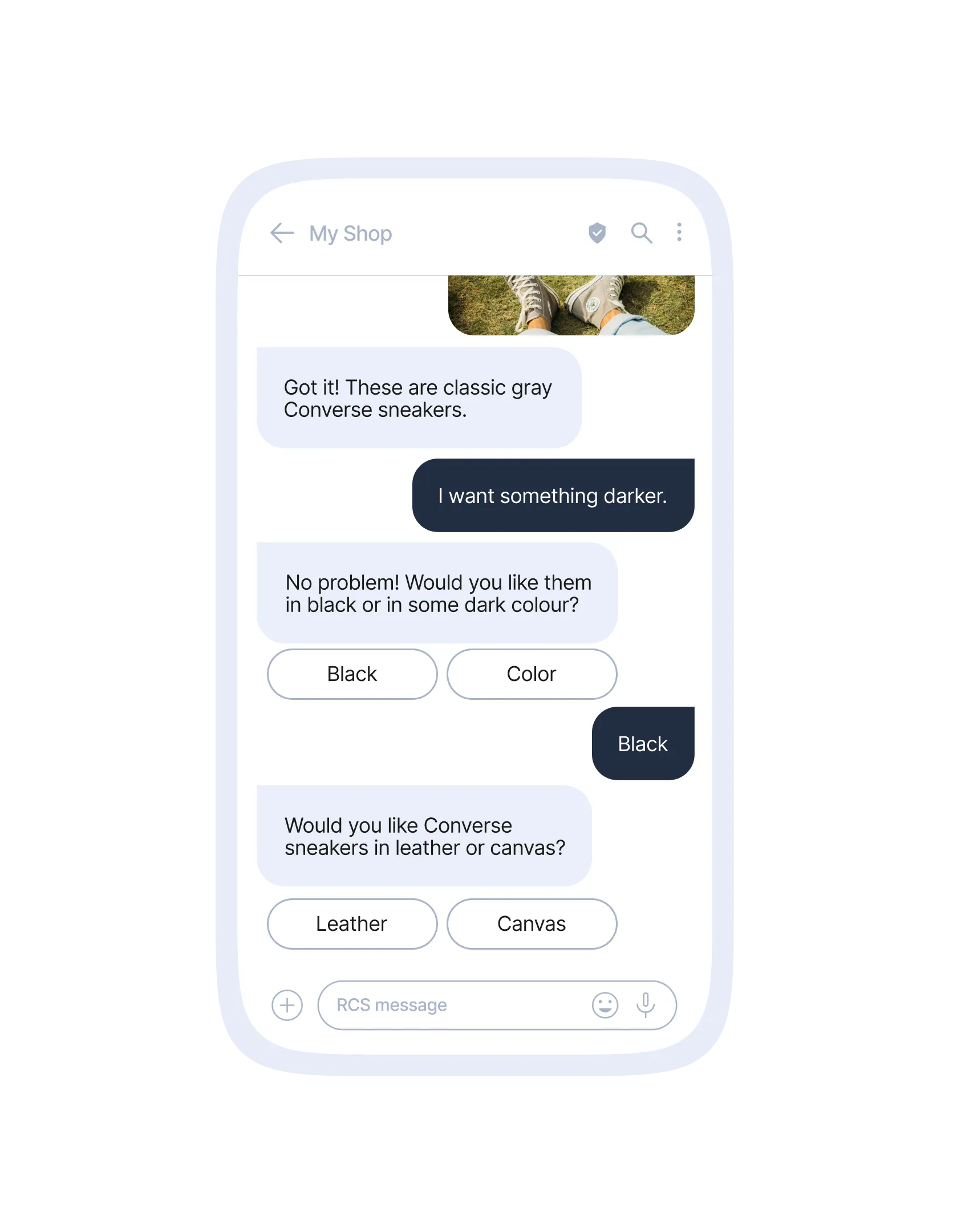 RCS chat with My Shop. The customer asks for something darker, and the brand offers Black or Color buttons. The customer taps Black, and the brand asks whether they want leather or canvas, with Leather and Canvas buttons.
