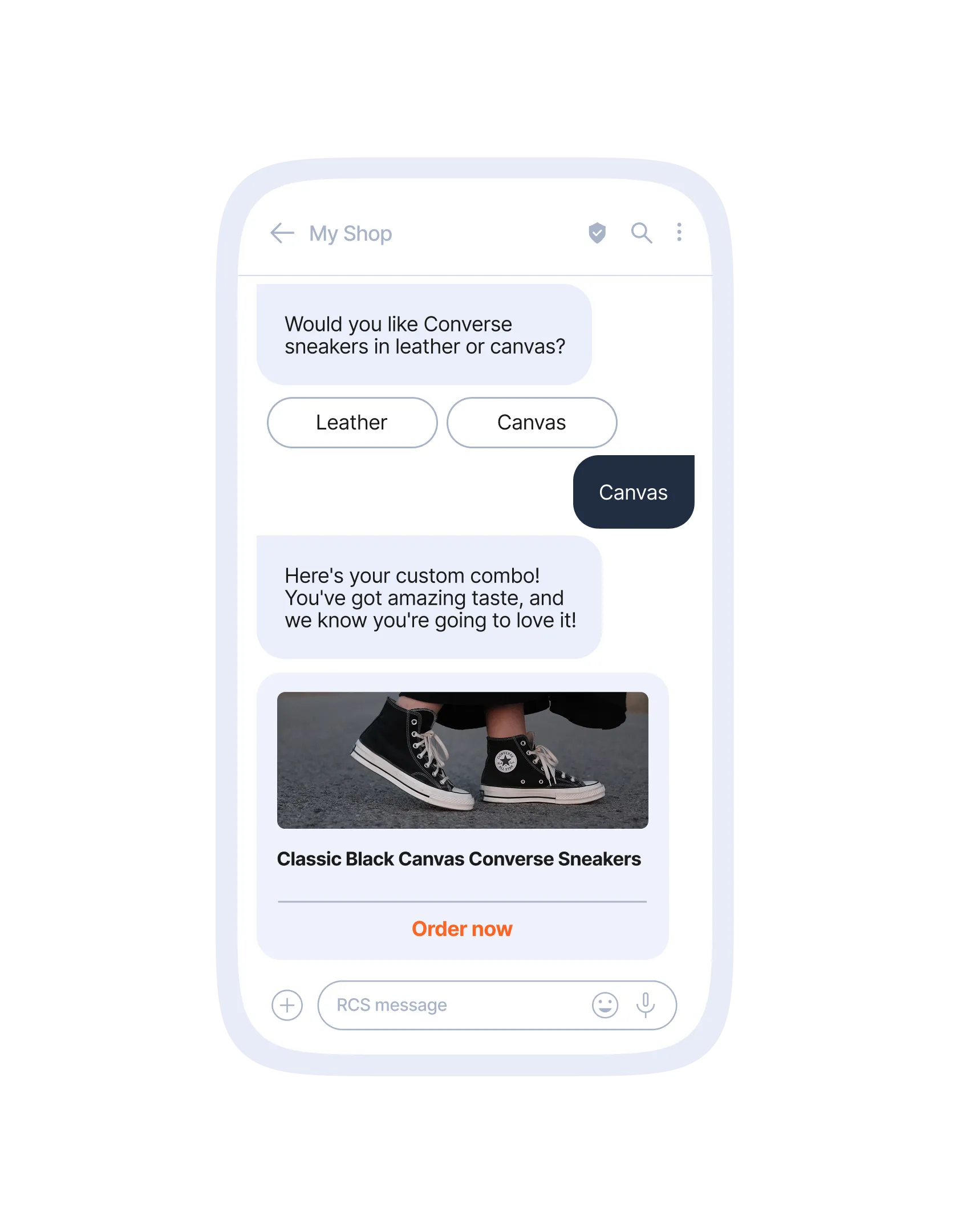 RCS chat with My Shop. The customer taps Canvas, and the brand replies with a custom recommendation: a product card for Classic Black Canvas Converse Sneakers with an “Order now” button.