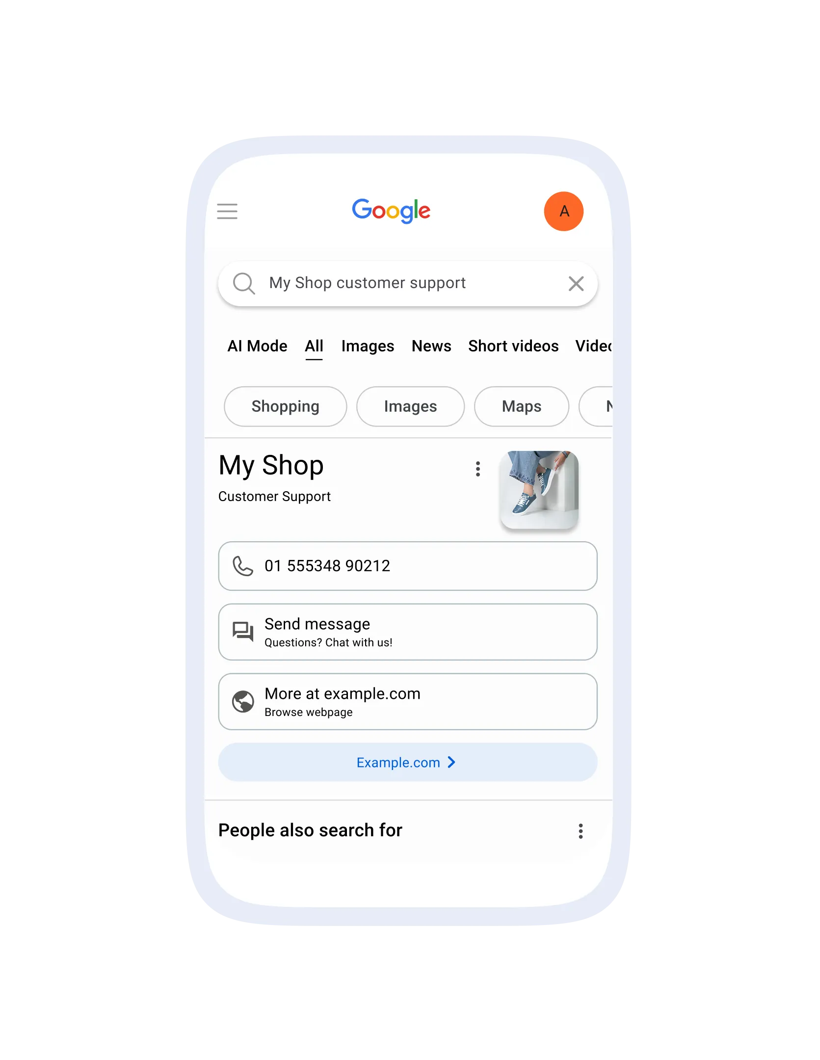 Google search results on a phone for “My Shop customer support.” The business panel shows a phone number, a “Send message” button with the text “Questions? Chat with us!”, and a link to the website.