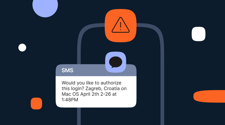 An image featuring a smartphone outline in the center. On the phone screen is an SMS message that reads: "Would you like to authorize this login? Zagreb, Croatia on Mac OS April 2th 2-26 at 1:48PM." Above the phone is an orange warning triangle icon, suggesting a security alert.