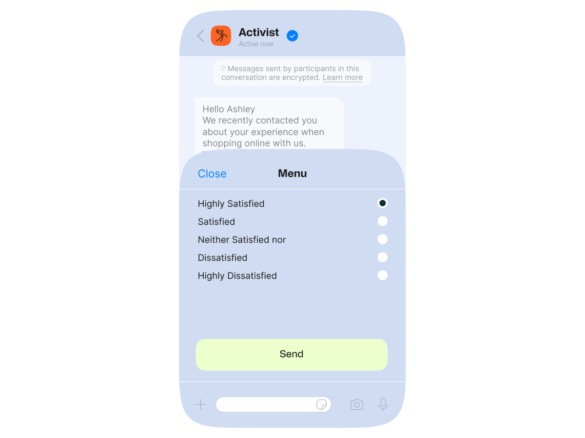 WhatsApp chat showing a customer satisfaction survey menu with rating options and a Send button.