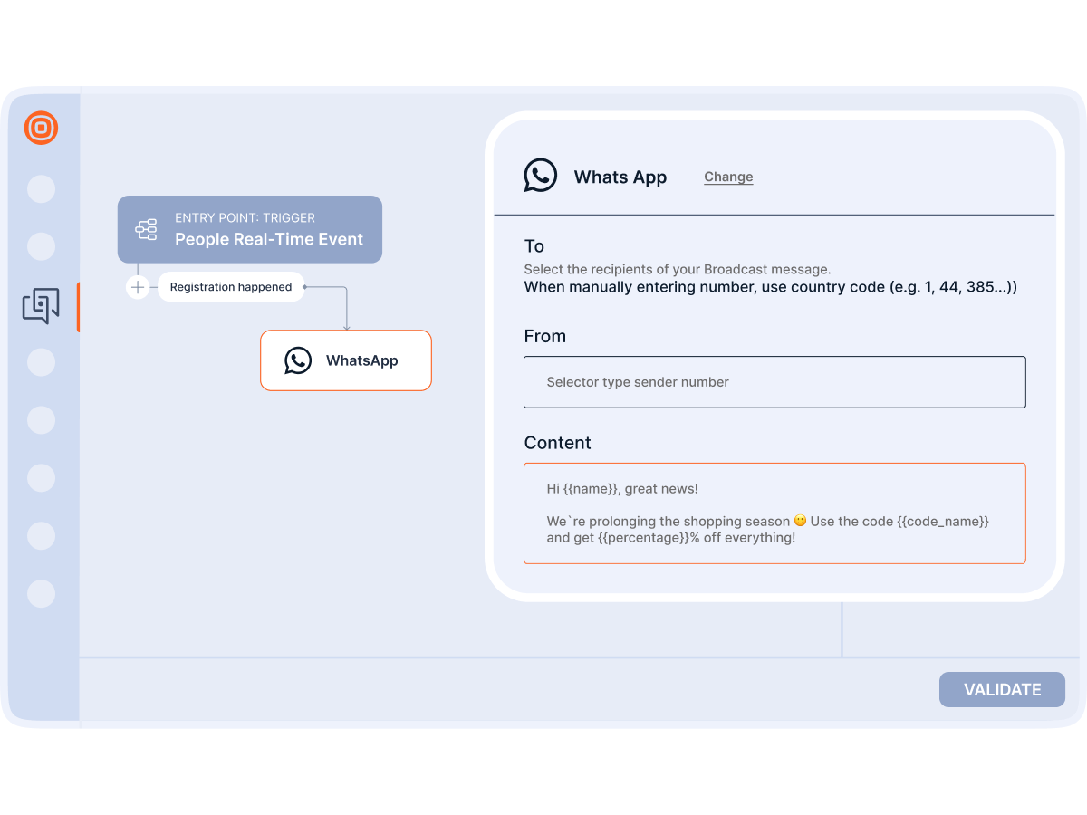 Infobip Flow builder with a People real-time event trigger connected to a WhatsApp broadcast message editor.