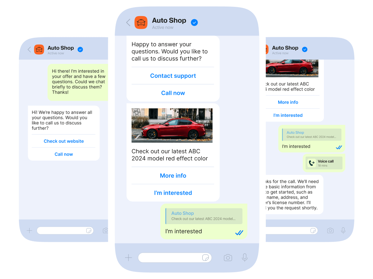 Three WhatsApp Auto Shop screens showing a customer inquiry, a car offer card with More info and I’m interested buttons, and an option to contact support or call now.