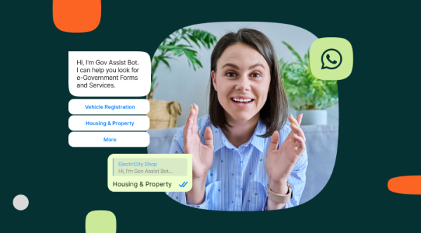 Person using a WhatsApp-based government assistance chatbot with menu options for vehicle registration, housing and property, and other e-government services.