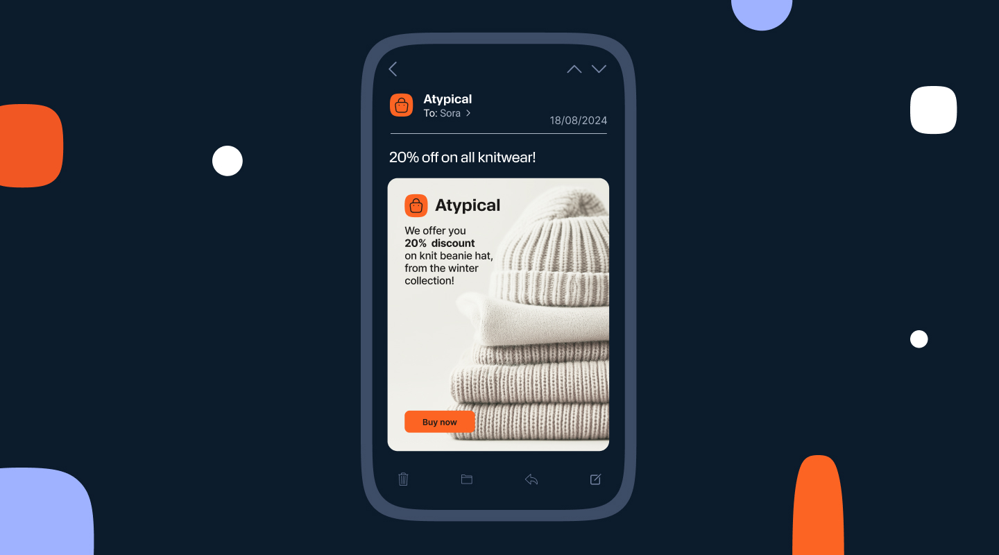 alt="Smartphone displaying a promotional email from 'Atypical' to 'Sora' with the subject '20% off on all knitwear!', showing a product card with stacked knit beanie hats, a 20% discount message, and an orange 'Buy now' button.