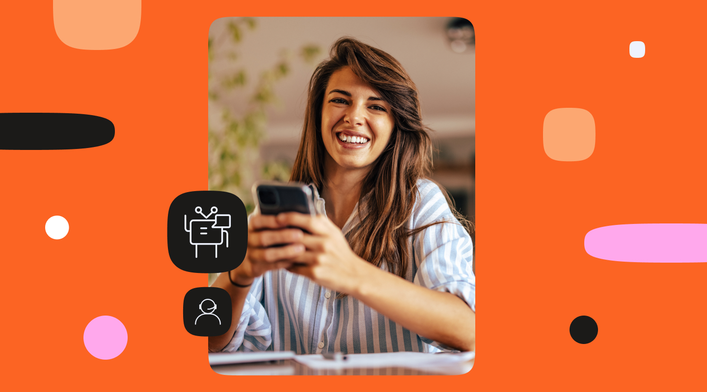 A visual intro to a Customer service chatbots blog showing a person seated indoors using a smartphone. The image features an orange background with abstract shapes and UI-style icons, including a chatbot icon and a human customer service icon, representing digital customer communication and support.