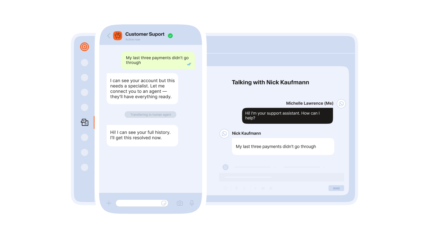 Infographic showing a chatbot benefit statistic: a large percentage figure next to a smiley face icon, with supporting icons for "customer satisfaction" and "first-contact resolution." A bar chart at the bottom compares satisfaction rates across channels.