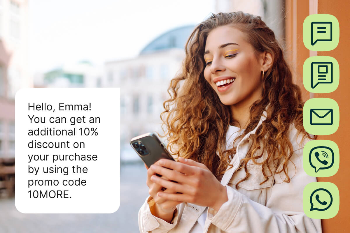 Woman using a smartphone outdoors next to a promo message offering 10% off with code “10MORE,” with messaging channel icons.