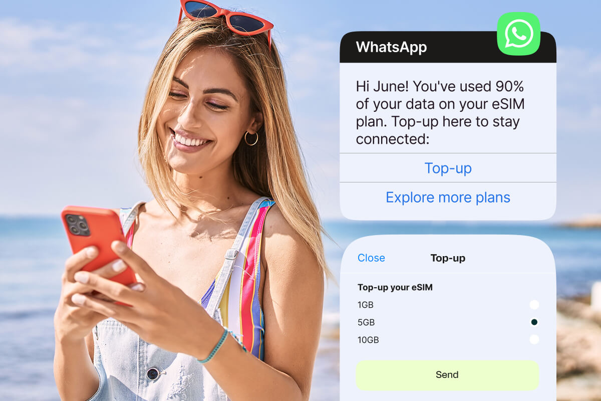 Woman at the beach using a phone beside a WhatsApp alert to top up an eSIM plan, with data package options.