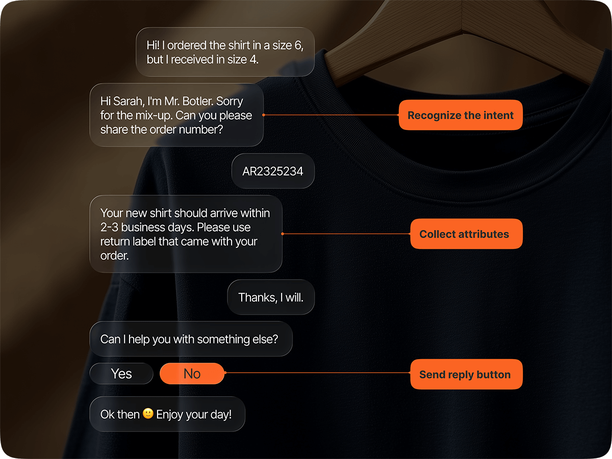 Conversa de chatbot resolvendo reclamação sobre tamanho de camisa errado com reconhecimento de intenção, coleta de atributos e botões de resposta.