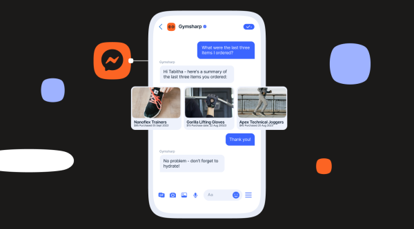 Header image showing a Facebook Messenger chatbot interaction where a person in asking about the last three items that they bought.