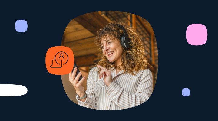 Person wearing headphones and holding a smartphone, interacting with a messaging app, shown within a rounded frame alongside abstract design elements.