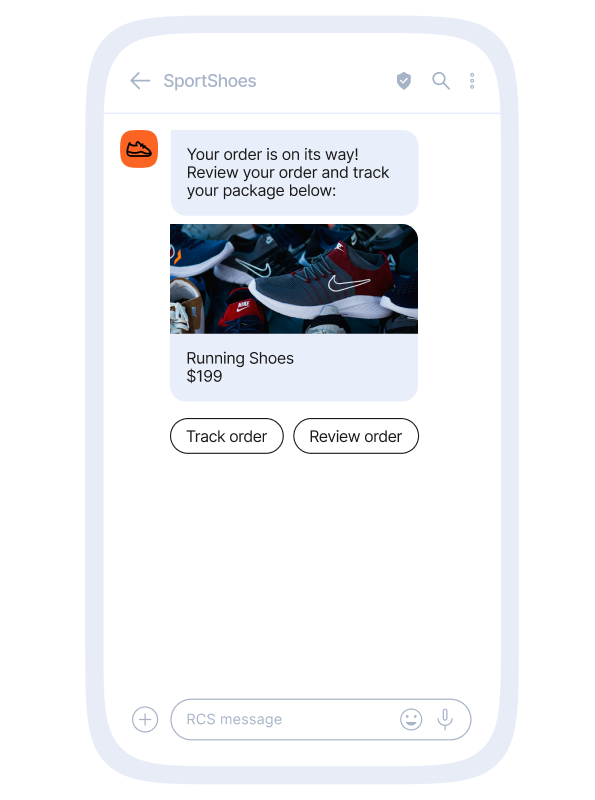 RCS message from ‘SportShoes’ showing an order‑on‑the‑way notification with a product card for running shoes priced at $199, including buttons to track or review the order.