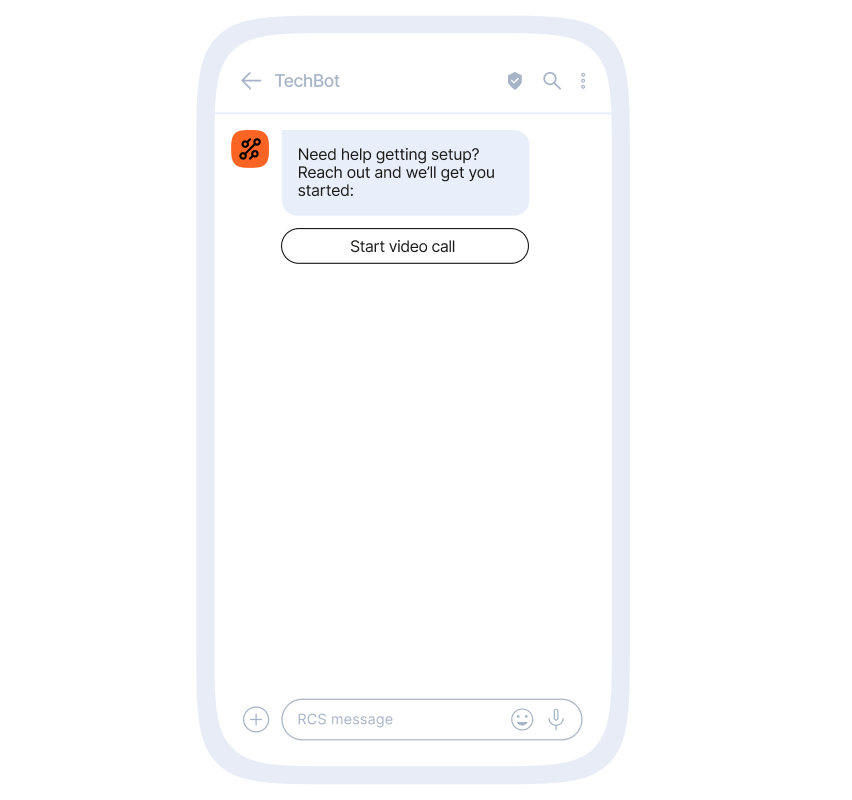 RCS message from ‘TechBot’ offering setup assistance, with a prompt that reads ‘Need help getting setup?’ and a button to start a video call.