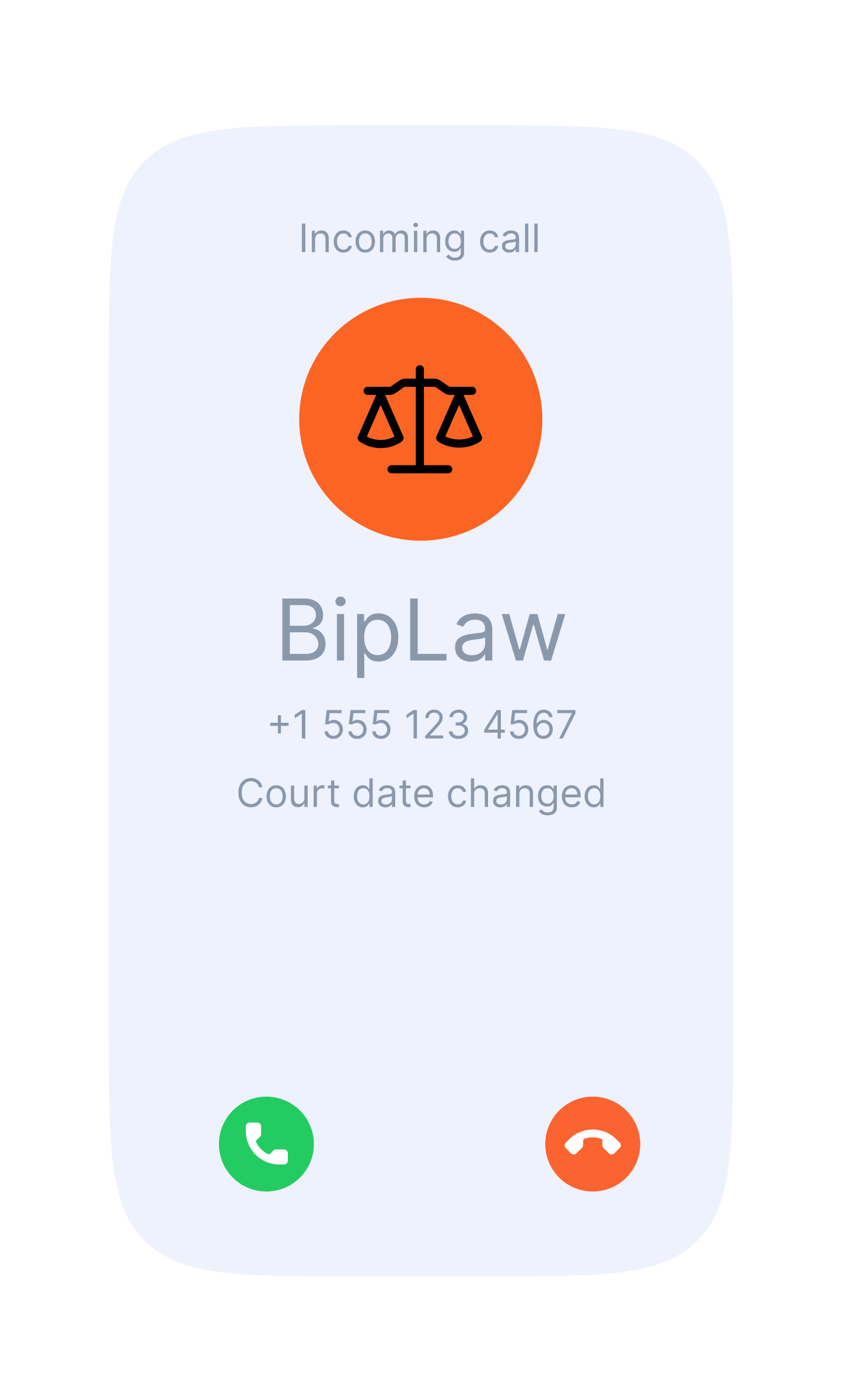 An incoming call screen on a phone displays branded caller ID for an professional services (law firm). The screen shows the company logo, verified business name, and reason for the call ("Court date changed") instead of an unknown phone number.