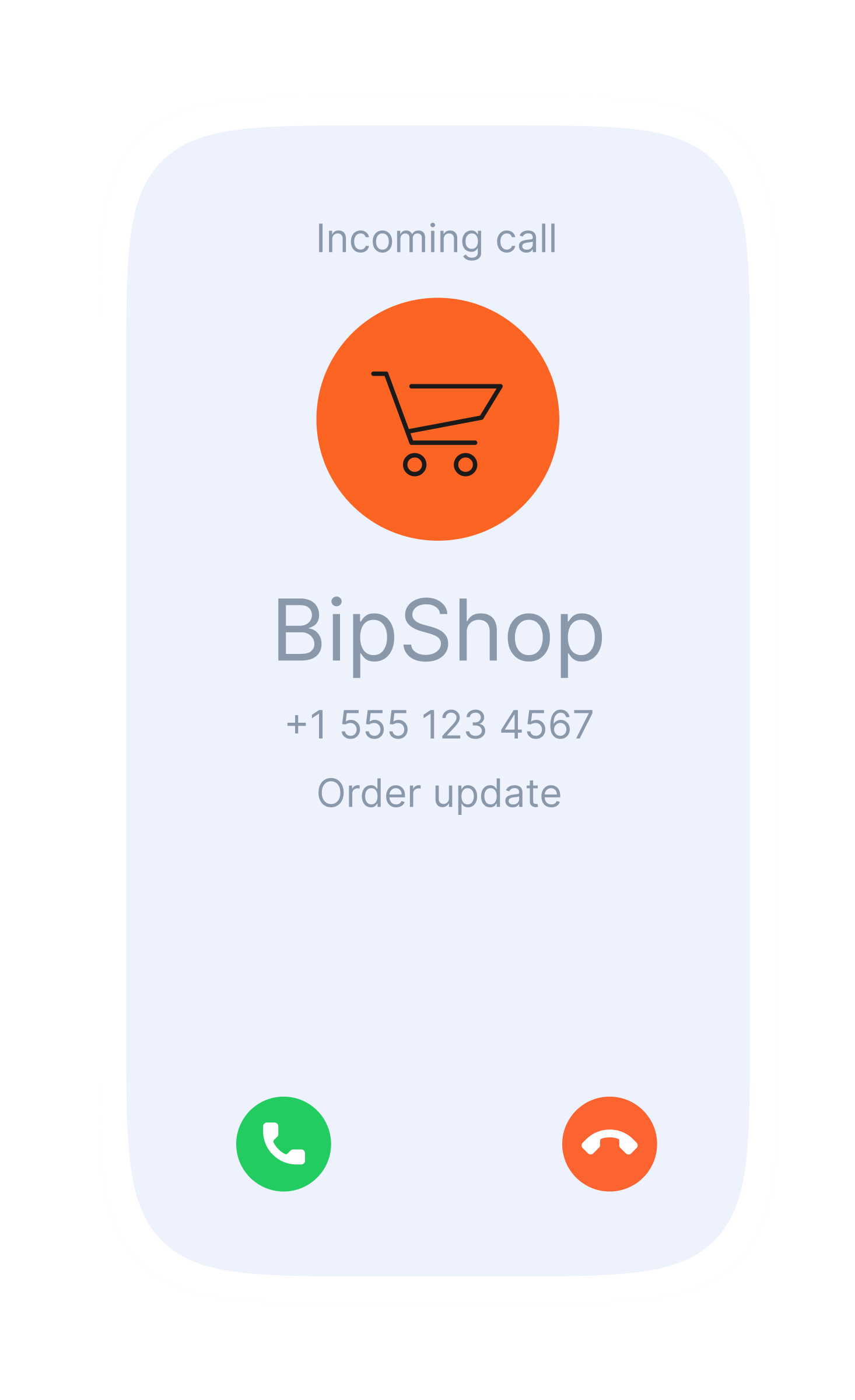 An incoming call screen on a phone displays branded caller ID for an eCommerce brand. The screen shows the company logo, verified business name, and reason for the call ("Order update") instead of an unknown phone number.