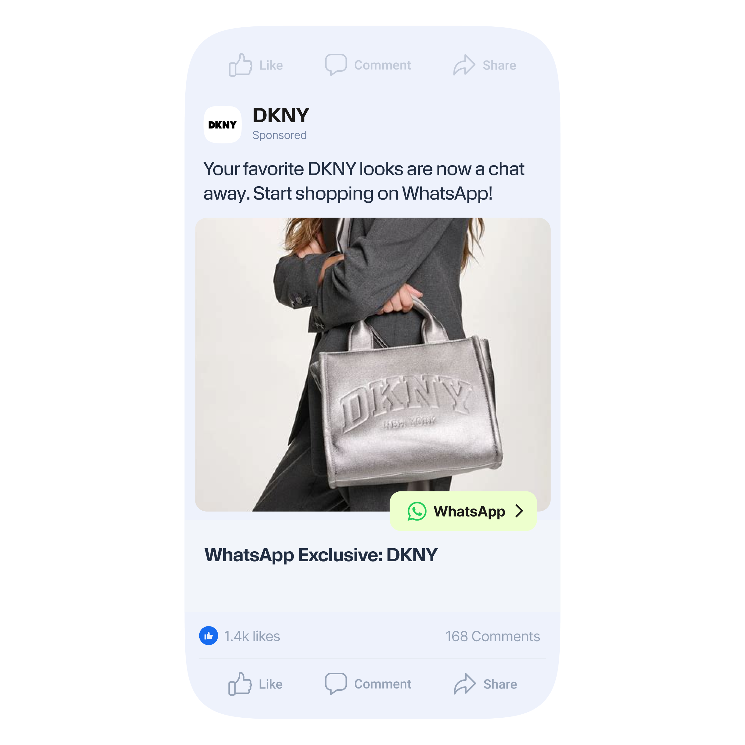 Verified DKNY WhatsApp message featuring a promotional product image and the text ‘Happy New Year from DKNY.’ Below the image are two call-to-action buttons labeled ‘Shop Now’ and ‘WhatsApp,’ inviting users to continue shopping or messaging directly within WhatsApp.