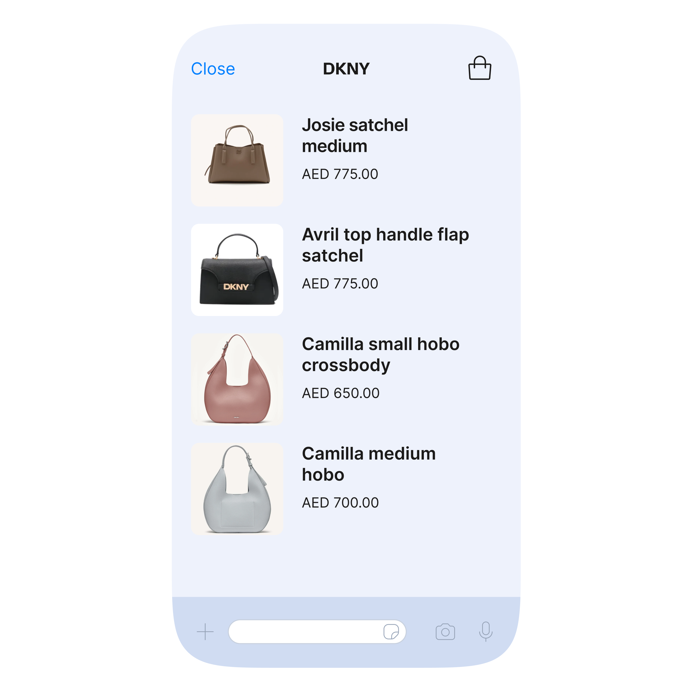 DKNY product catalogue view inside WhatsApp showing a vertical list of handbags with product images, names, and prices in AED. Items include Josie satchel medium, Avril top handle flap satchel, Camilla small hobo crossbody, and Camilla medium hobo, each displayed with a thumbnail image and corresponding price.