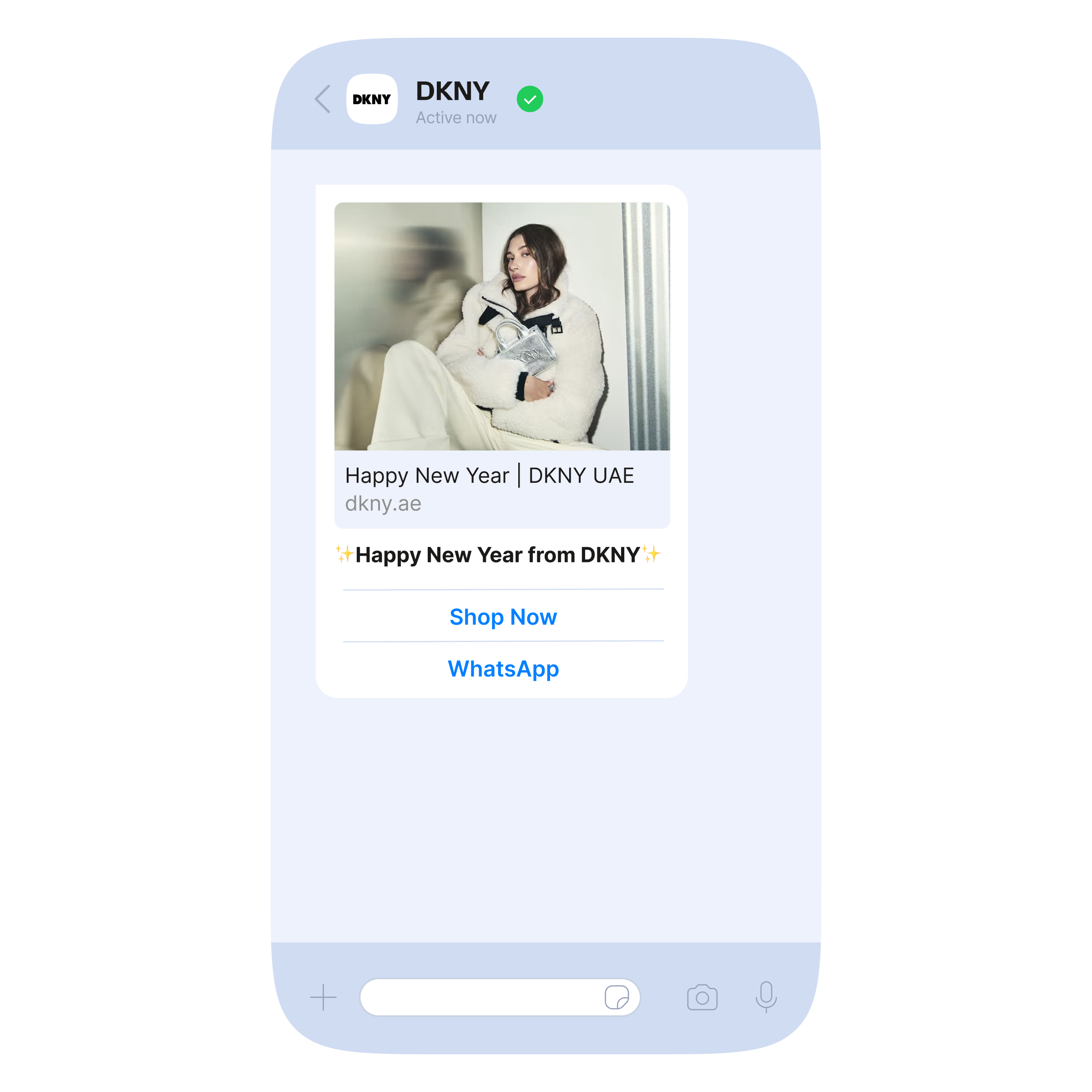 Verified DKNY WhatsApp message featuring a promotional product image and the text ‘Happy New Year from DKNY.’ Below the image are two call-to-action buttons labeled ‘Shop Now’ and ‘WhatsApp,’ inviting users to continue shopping or messaging directly within WhatsApp.