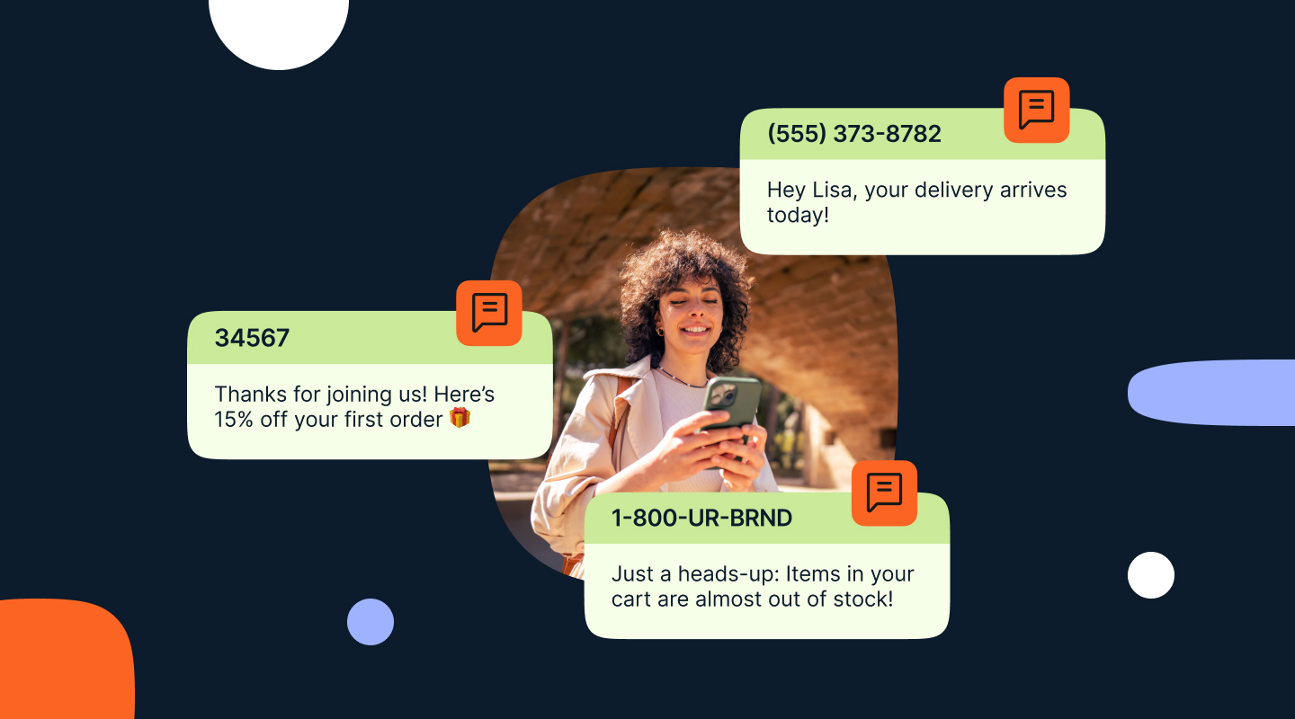 Person using a smartphone outdoors, surrounded by example SMS messages from different senders, including a welcome discount offer, a delivery notification, and a low‑stock cart reminder, illustrating omnichannel customer engagement.
