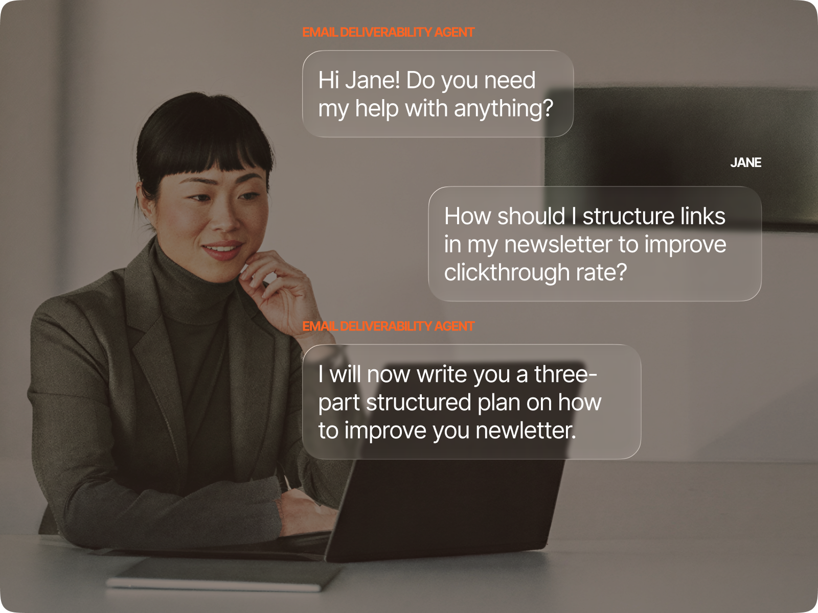Email Deliverability Agent chat helping improve newsletter click-through rate with a structured optimization plan