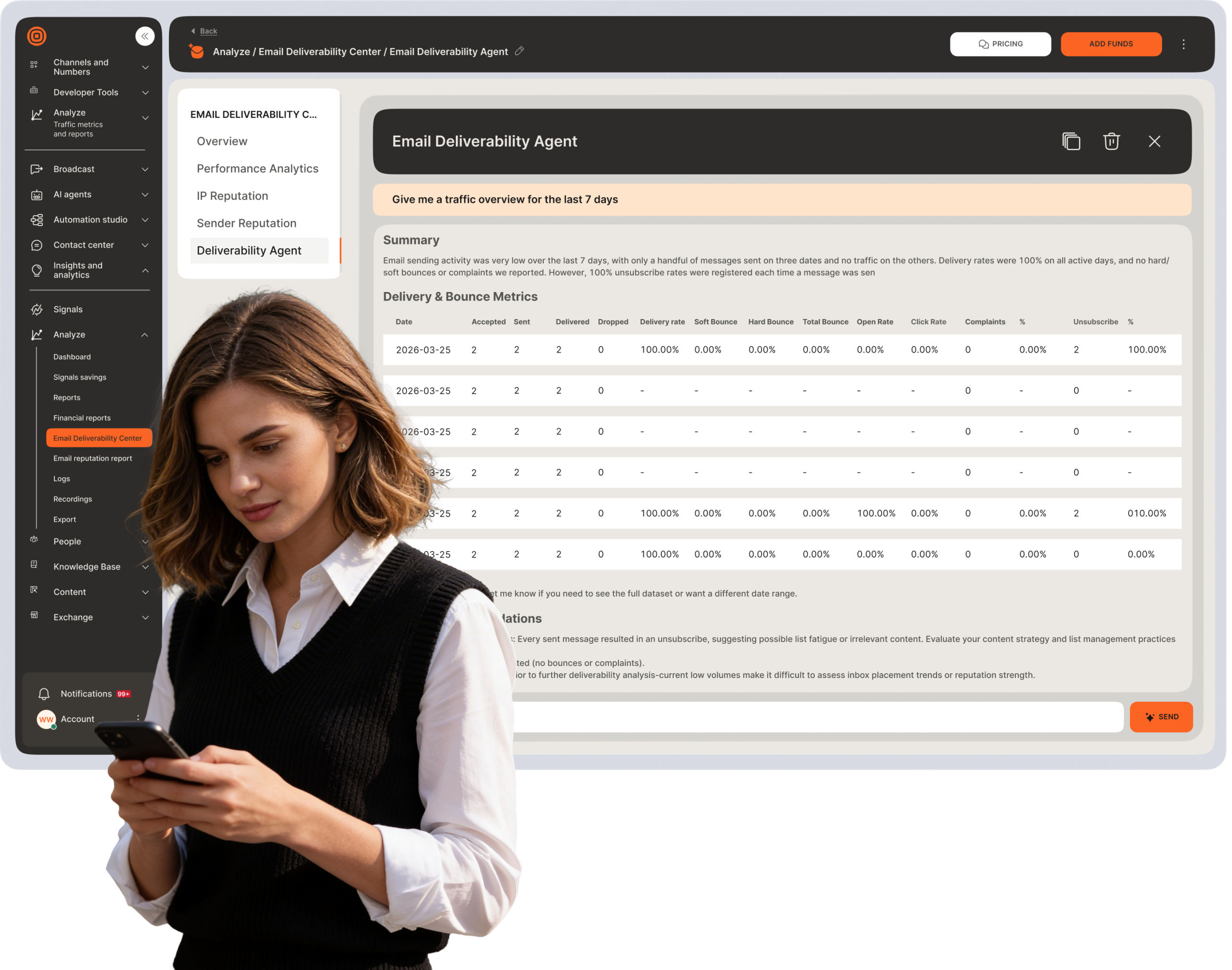 Email Deliverability Agent inside the Email Deliverability Center, showing deliverability analysis and recommendations in a chat-style interface