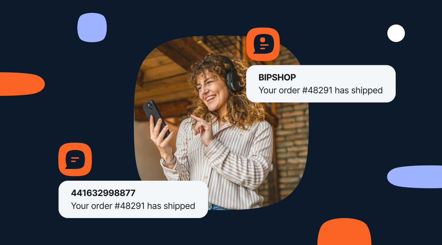 Blog header graphic with the headline “What is branded text messaging? SMS + RCS explained” on a dark background. On the right, a person is holding a smartphone while message notifications appear, including a branded sender name “BIPSHOP” and an unbranded phone number, both delivering the same shipping confirmation. Infobip logo is displayed in the bottom-left corner, highlighting branded messaging use cases.