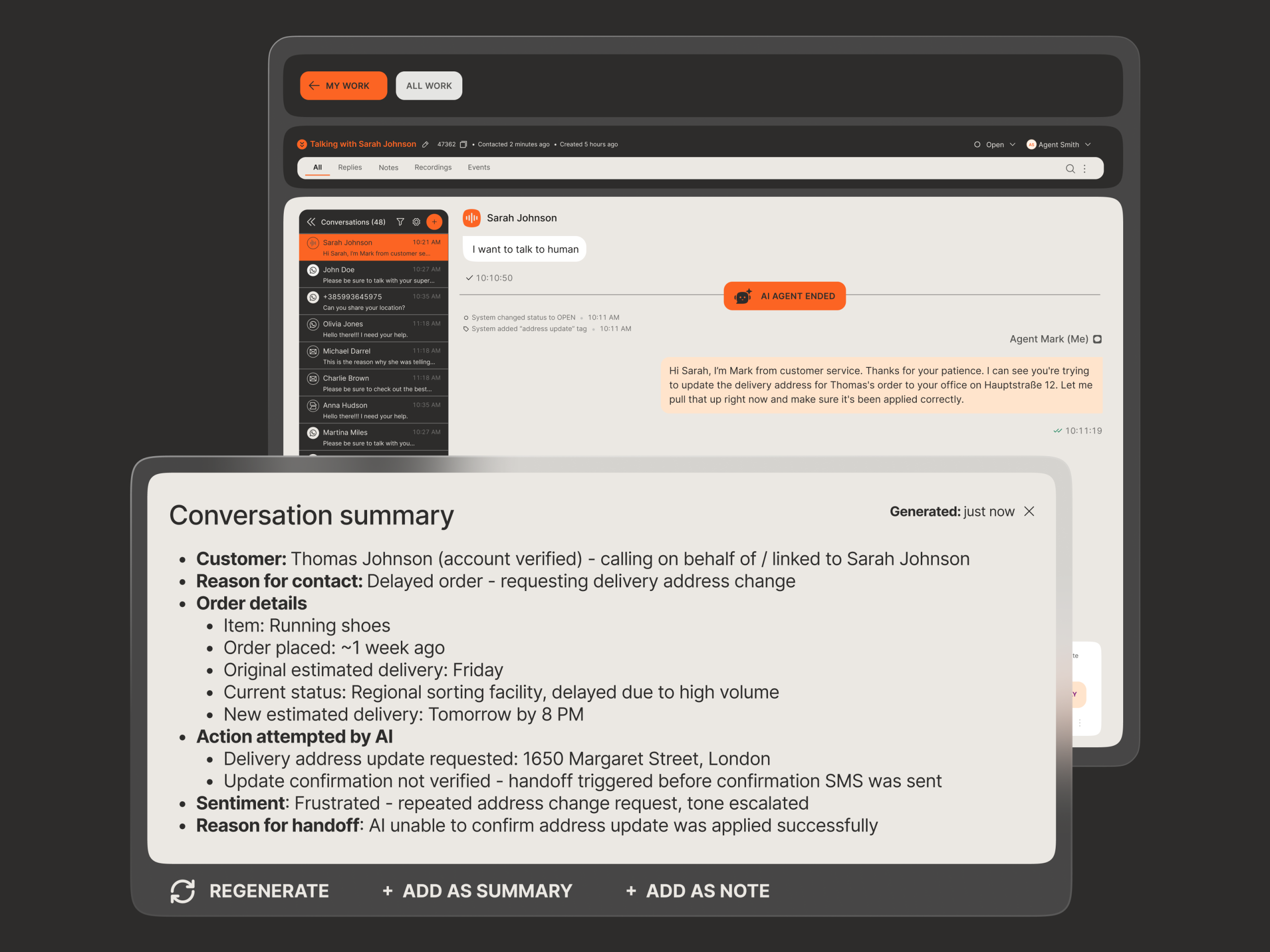 Contact center workspace for Sarah Johnson with a conversation open on the right, where the agent says: “Hi Sarah, I’m Mark from customer service... I see you’re trying to update the delivery address for Thomas’s order to your office on Hauptstrabe 12.” A large overlay labeled “Conversation summary” lists the customer as Thomas Johnson, the reason for contact as a delayed order and delivery address change, the order item as running shoes, original delivery as Friday, current status as delayed at a regional sorting facility, new estimated delivery as tomorrow by 8 PM, and the AI action as requesting an address update to 1650 Margaret Street, London. The summary also notes the update was not verified, an SMS confirmation was sent, the sentiment was frustrated, and the reason for handoff was that AI could not confirm the address change.