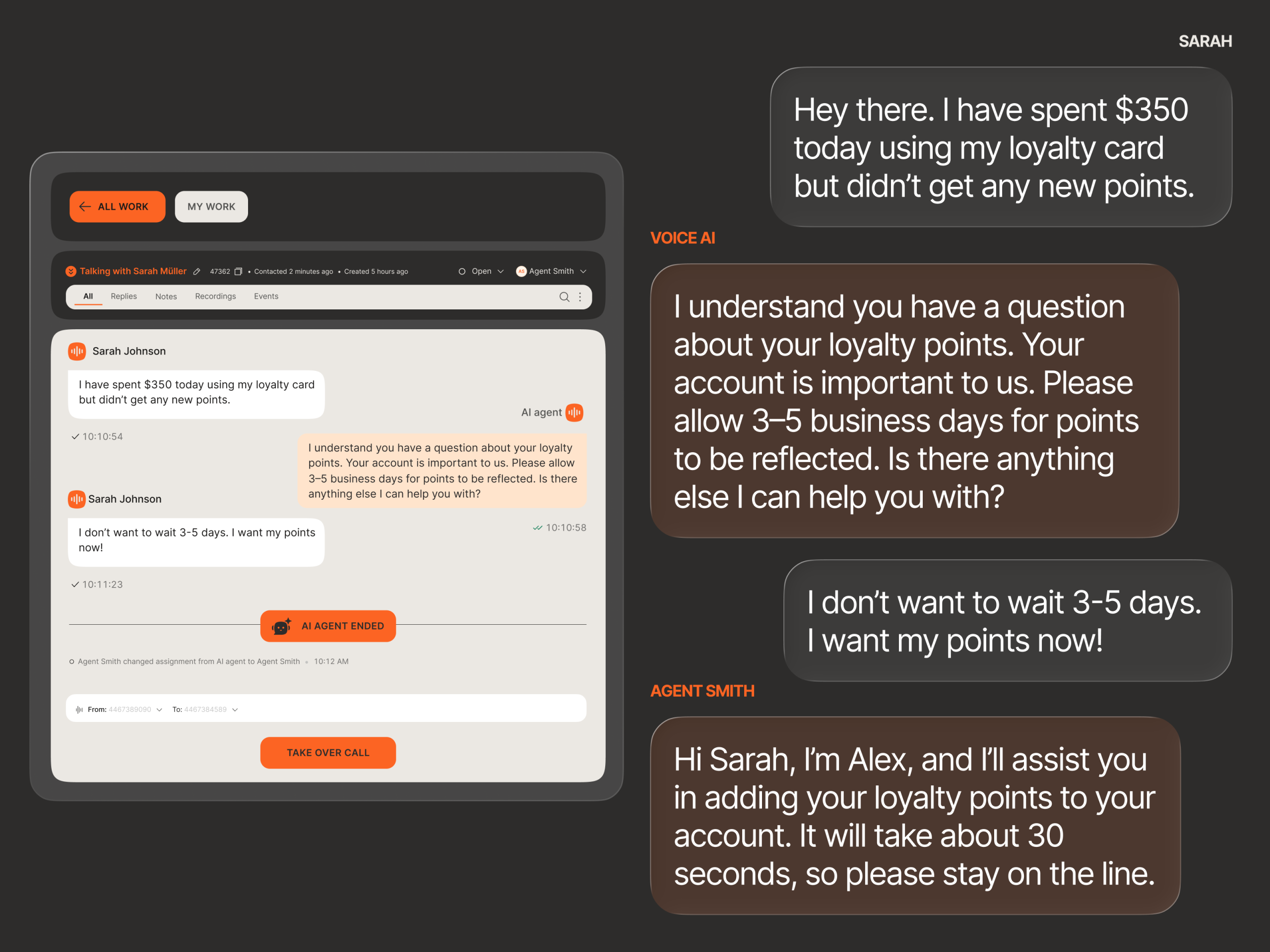 Customer service dashboard showing a chat conversation where an AI agent first responds to a customer about delayed loyalty points, followed by a human agent who steps in to resolve the issue immediately.