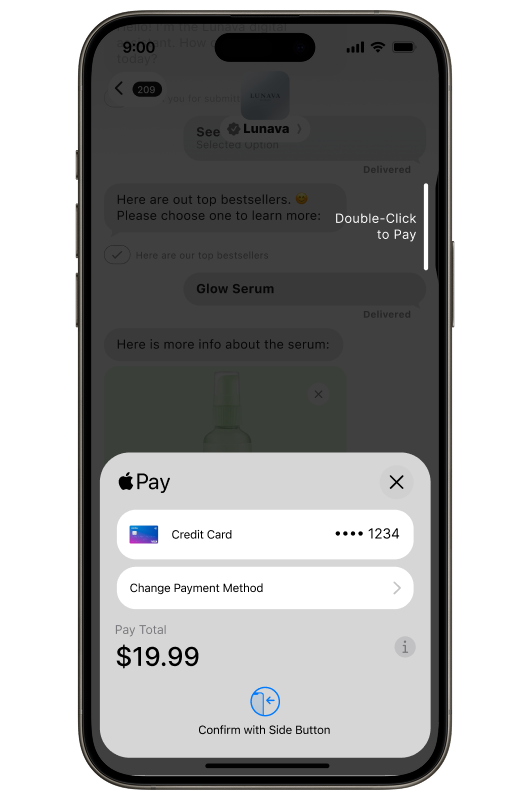 Smartphone screen showing an Apple Pay checkout overlay within an Apple Messages for Business conversation. The payment sheet shows “Credit Card” ending in “1234,” a button labeled “Change Payment Method,” and “Pay Total $19.99.” At the bottom, text says “Confirm with Side Button,” and on the right side of the screen it says “Double-Click to Pay.”