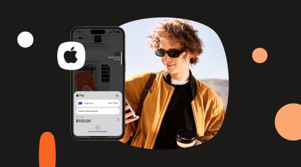 Promotional graphic showing a woman wearing sunglasses and looking at her phone while holding a takeaway coffee. In front of her, a smartphone screen displays an Apple Pay checkout with a credit card ending in 1234 and a total of $150.00. An Apple logo appears beside the phone.