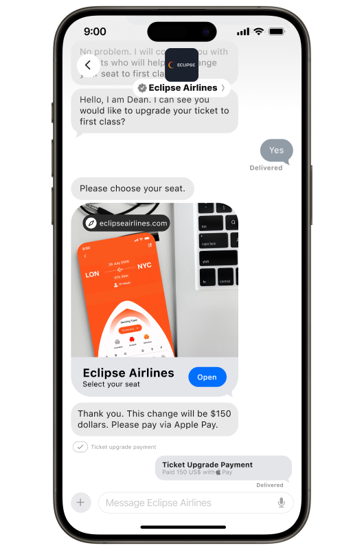 Smartphone screen showing an Apple Messages conversation with Eclipse Airlines. A message reads, “Hello, I am Dean. I can see you would like to upgrade your ticket to first class?” The user reply says “Yes.” Another message says, “Please choose your seat.” Below it is a card for “Eclipse Airlines” with the text “Select your seat,” a button labeled “Open,” and an image of a flight booking screen for a route from LON to NYC. A later message reads, “Thank you. This change will be $150. Please pay via Apple Pay."