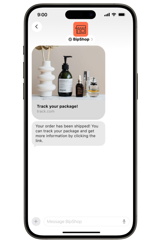 Smartphone screen showing an Apple Messages conversation with BipShop. A rich link card displays a product image and the text “Track your package!” with the URL “track.com.” Below, a message reads, “Your order has been shipped! You can track your package and get more information by clicking the link.”