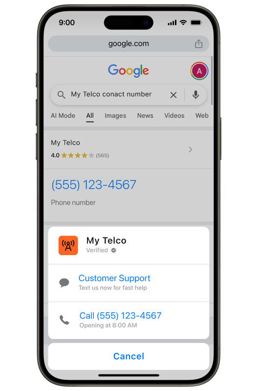 Smartphone screen showing a Google search for “My Telco conact number” on google.com. Search results display “My Telco,” a phone number “(555) 123-4567,” and a verified business card for “My Telco.” The business card offers “Customer Support” with the text “Text us now for fast help,” and “Call (555) 123-4567” with the note “Opening at 8:00 AM.” A button at the bottom says “Cancel.”