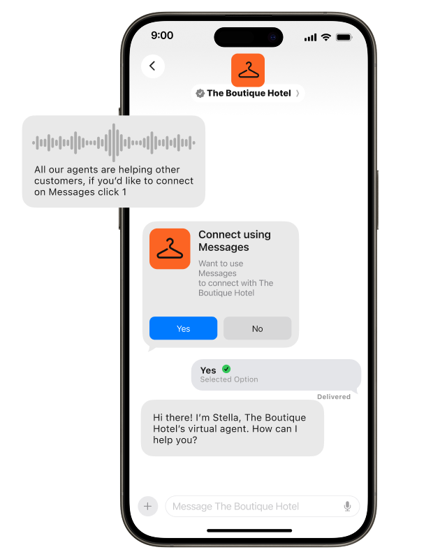 Smartphone screen showing an Apple Messages conversation with verified business “The Boutique Hotel.” A message bubble with an audio waveform reads, “All our agents are helping other customers, if you’d like to connect on Messages click 1.” Below, a card says “Connect using Messages” and “Want to use Messages to connect with The Boutique Hotel,” with buttons “Yes” and “No.” The selected response is “Yes.” A follow-up message reads, “Hi there! I’m Stella, The Boutique Hotel’s virtual agent. How can I help you?”