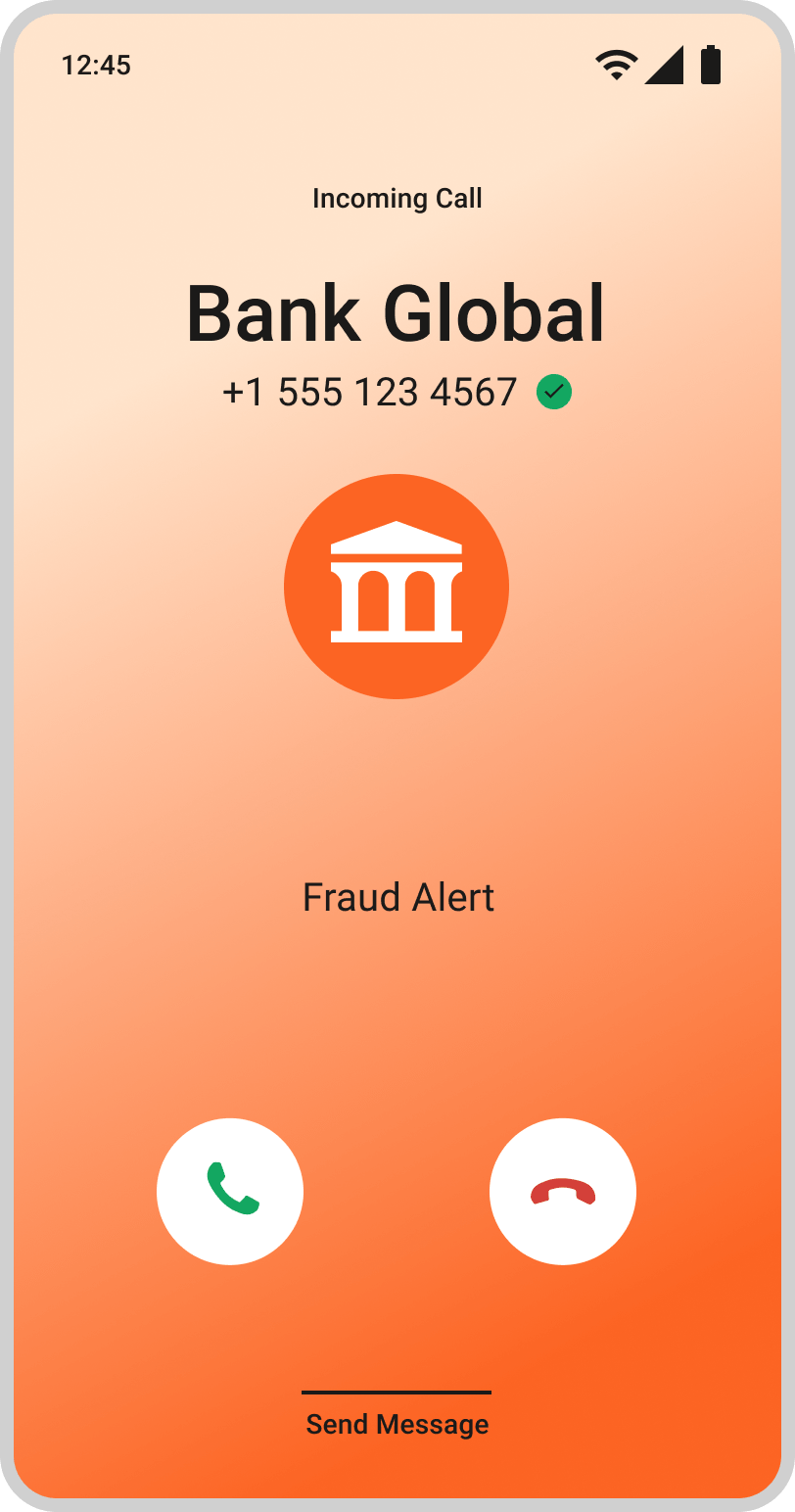 Android incoming call screen displaying a verified banking fraud alert with branded caller ID and answer or decline call options.