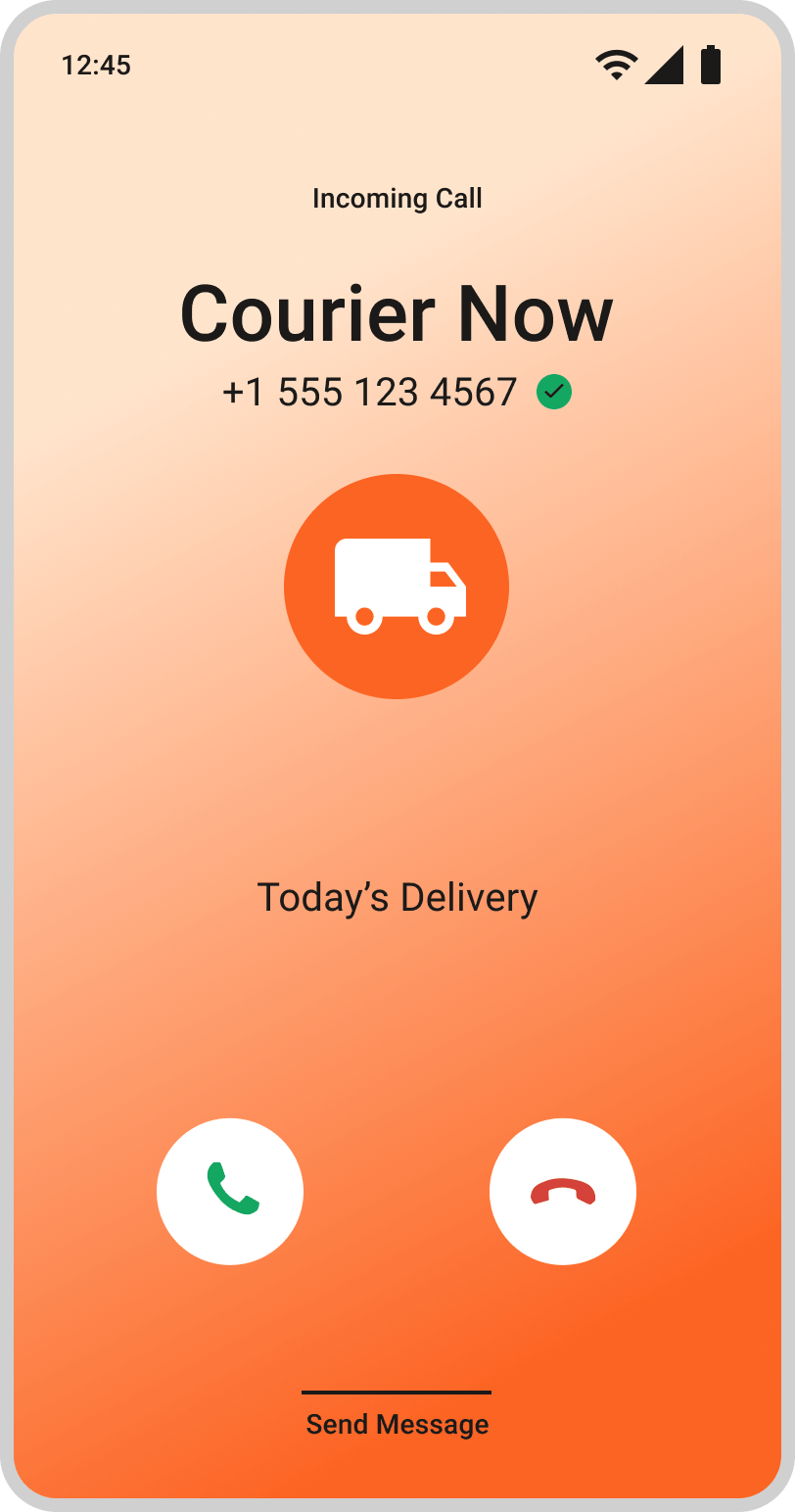 Android incoming call screen displaying a verified courier delivery notification with branded caller ID and answer or decline call options.