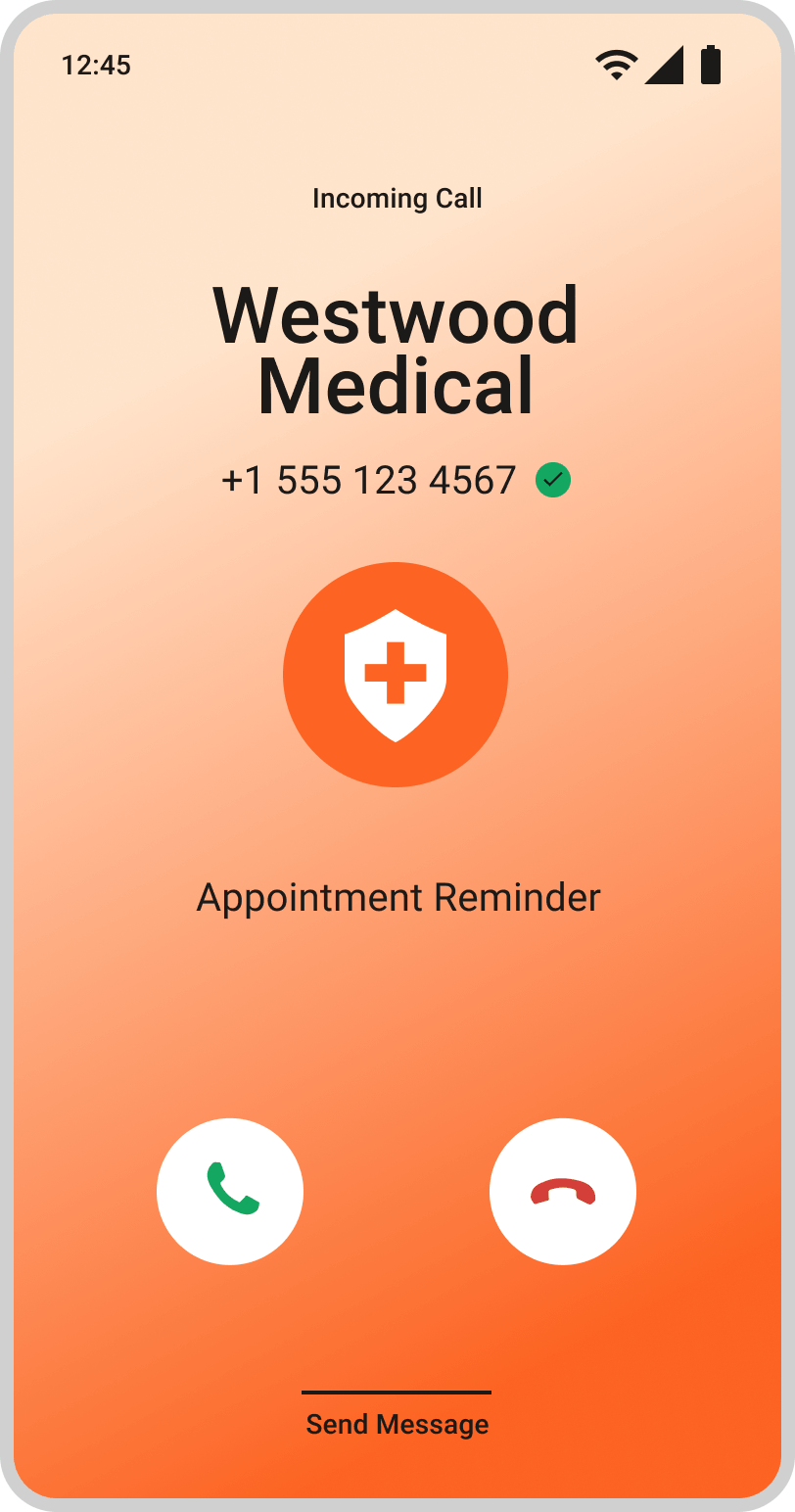 Android incoming call screen showing a verified healthcare appointment reminder with branded caller ID and answer or decline call options.