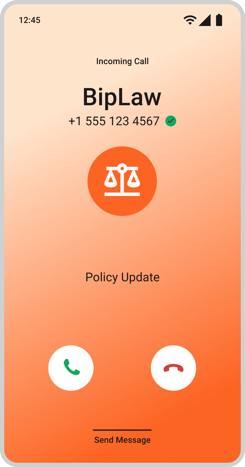 Android incoming call screen showing a verified legal service caller with branded caller ID and answer or decline call options.