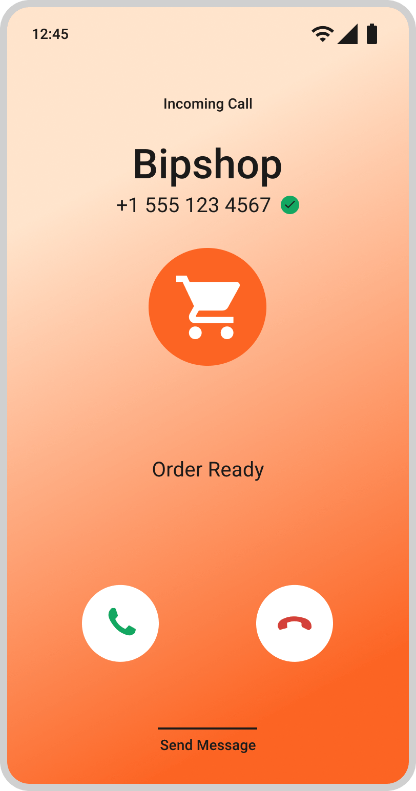 Android incoming call screen featuring a verified retail order ready notification with branded caller ID and answer or decline call options.